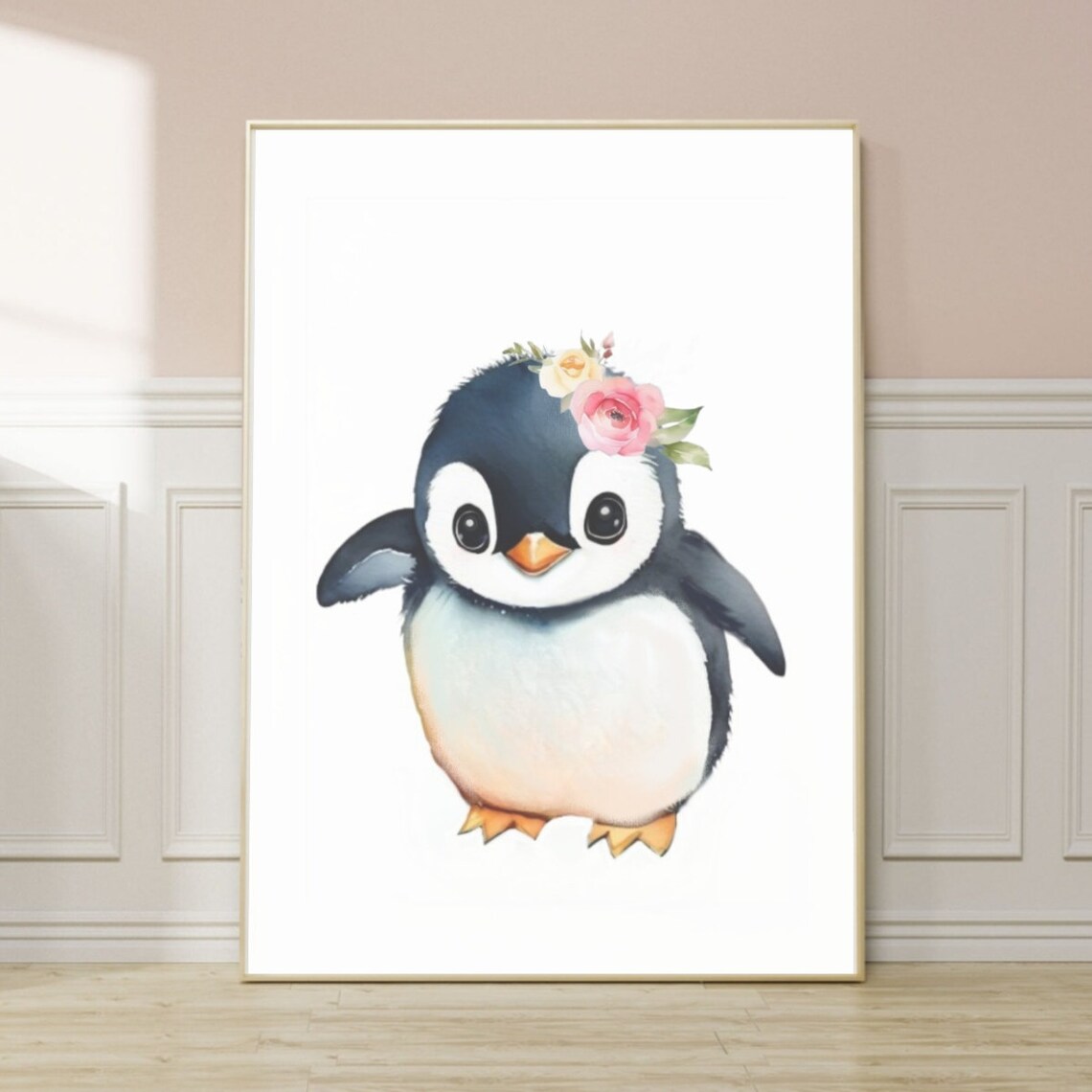 Watercolor Penguin Flower Crown Baby Animal Nursery Room Poster