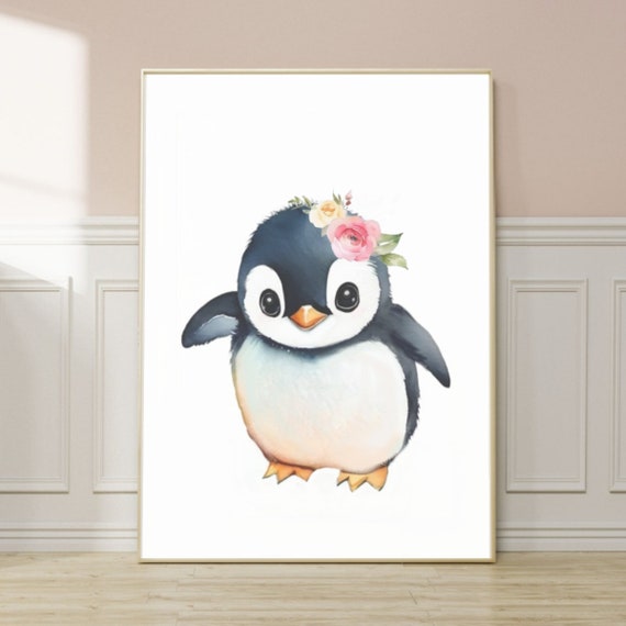 Penguin Print Nursery Wall Art Baby Animal Prints Nursery Decor Wall Art Floral Penguin Girls Room Poster