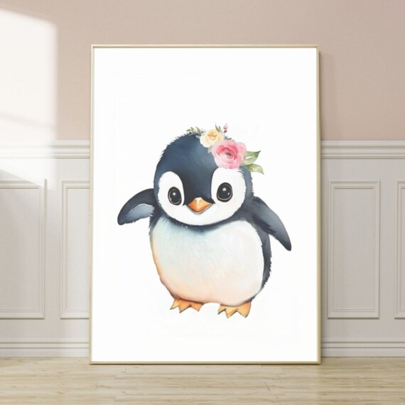Watercolor Penguin Flower Crown Baby Animal Nursery Room Poster