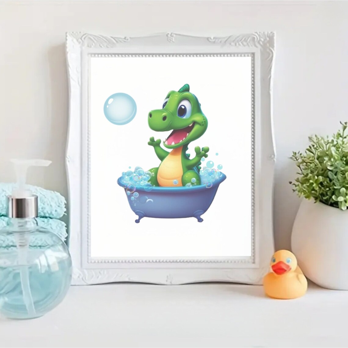 Happy Green Dinosaur Bubble Bath Cartoon Kids Room Decor Poster - Image 2