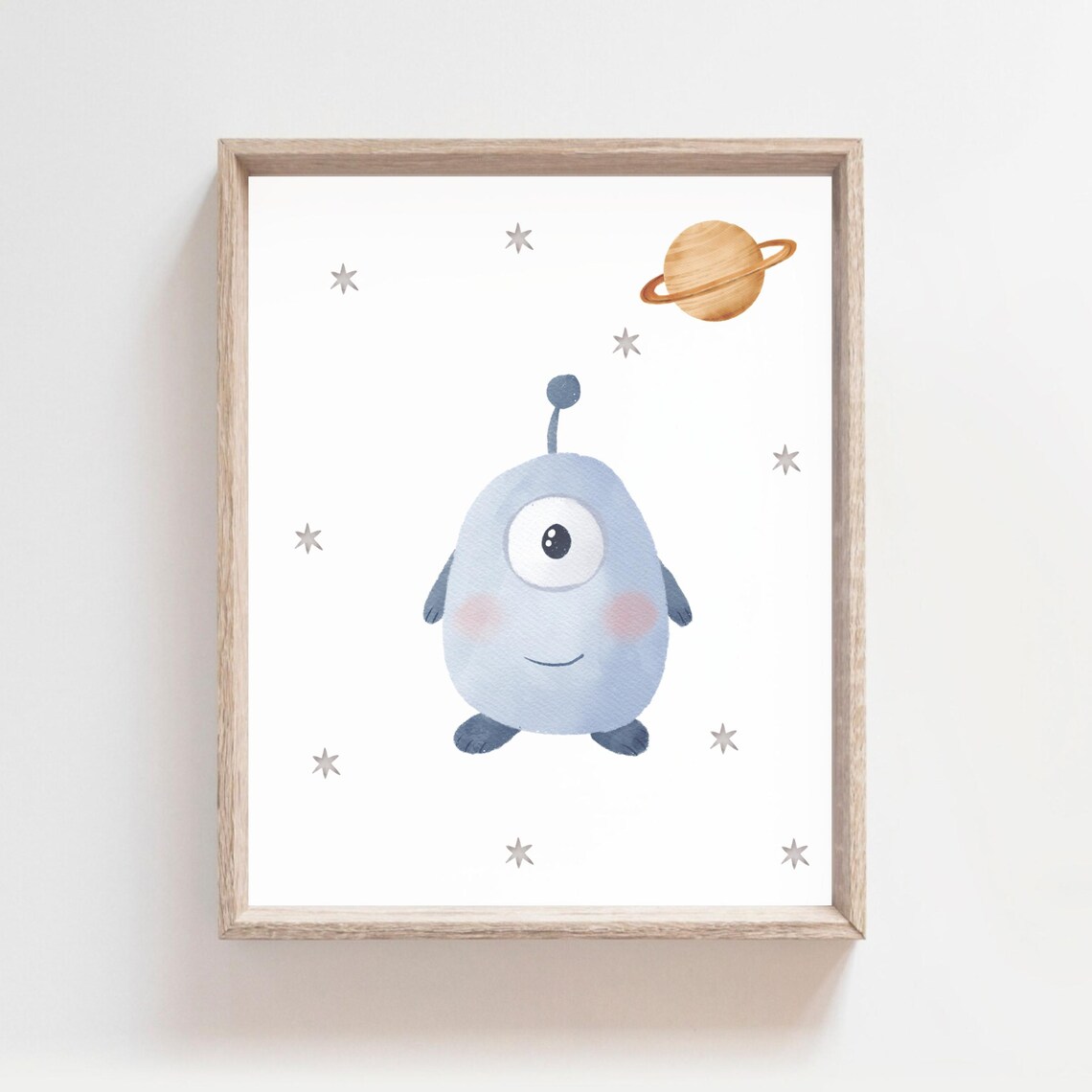 One Eyed Blue Alien with Saturn Watercolor Space Nursery Wall Poster - Image 2
