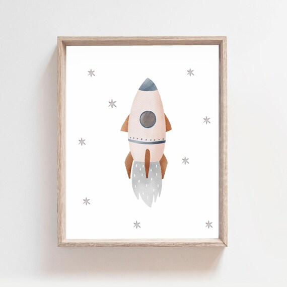Watercolor Rocket Ship with Stars Outer Space Nursery Wall Decor Poster