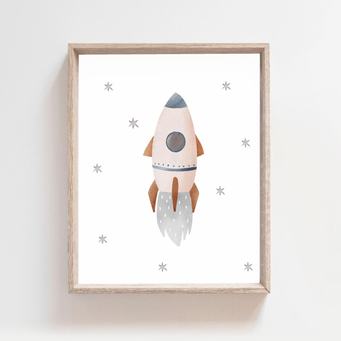 Watercolor Rocket Ship with Stars Outer Space Nursery Wall Decor Poster