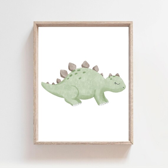 Sleepy Green Stegosaurus Watercolor Dinosaur Nursery Decor Poster