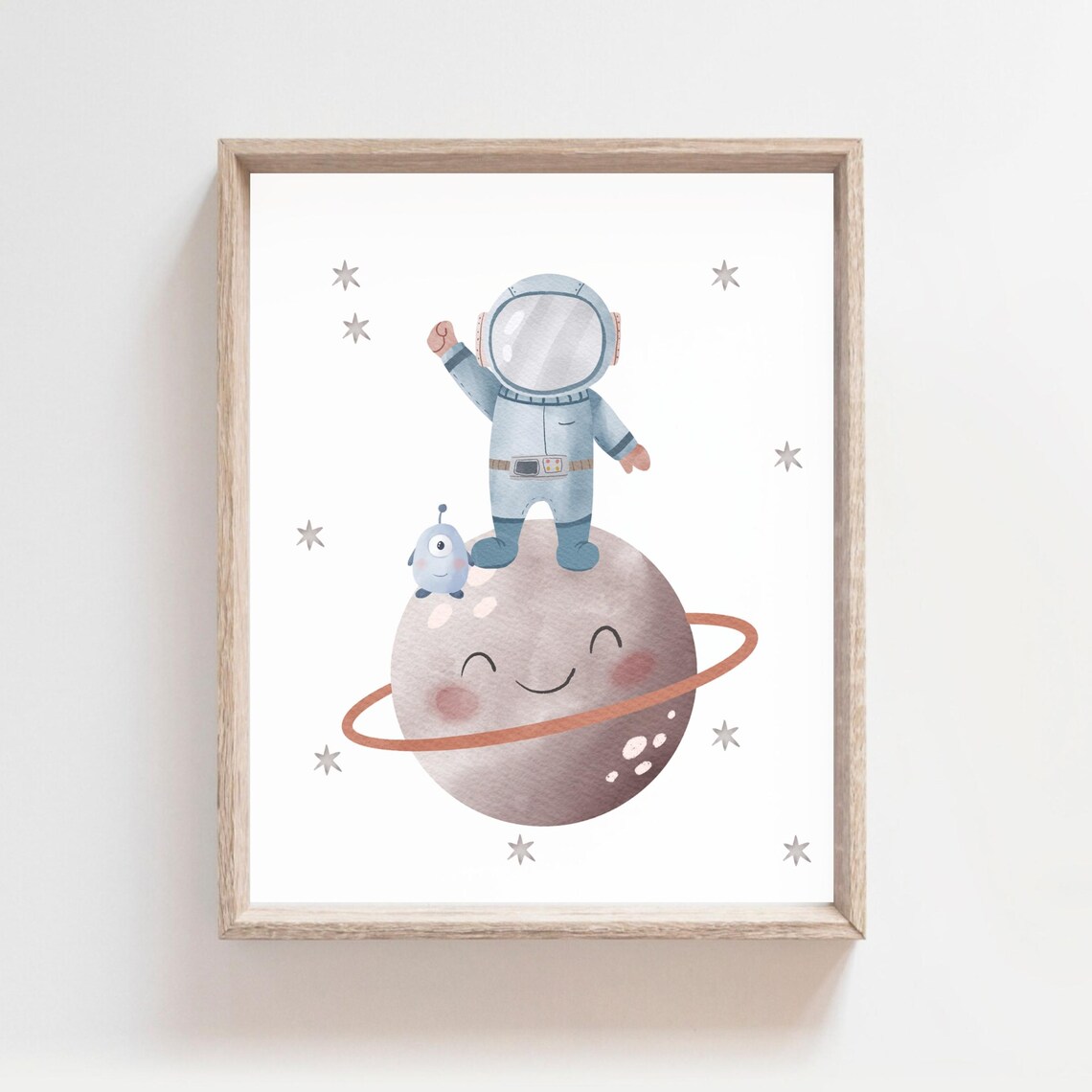 Astronaut on Smiling Ringed Planet with Alien Watercolor Space Nursery Poster - Image 2
