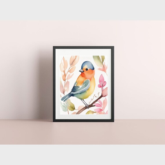 Colorful Watercolor Bird on Branch Spring Floral Nursery Poster