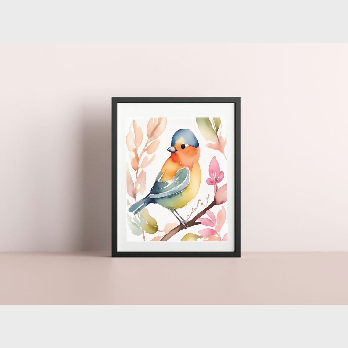 Colorful Watercolor Bird on Branch Spring Floral Nursery Poster