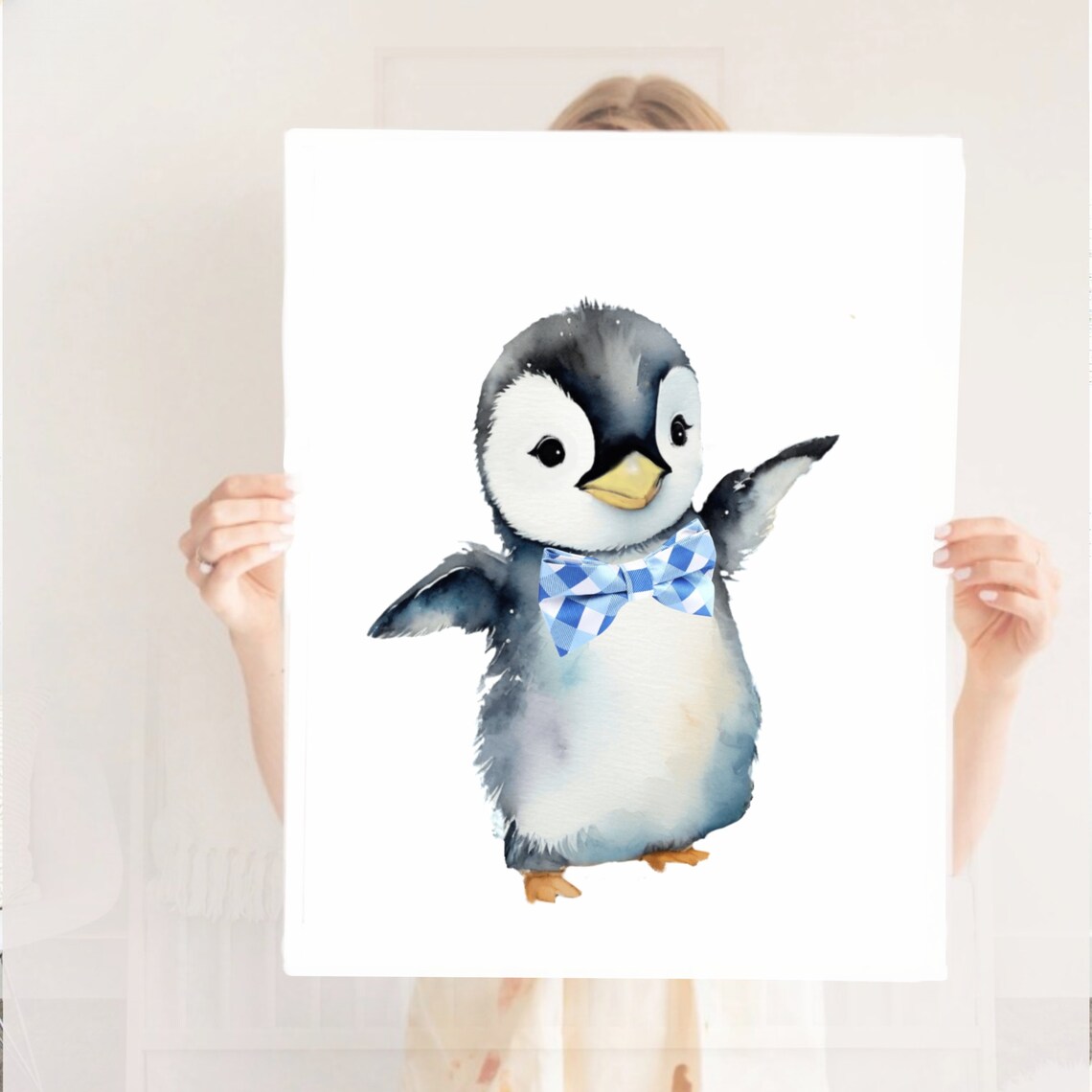 Cute Baby Penguin Blue Bow Tie Watercolor Boys Nursery Room Poster - Image 2
