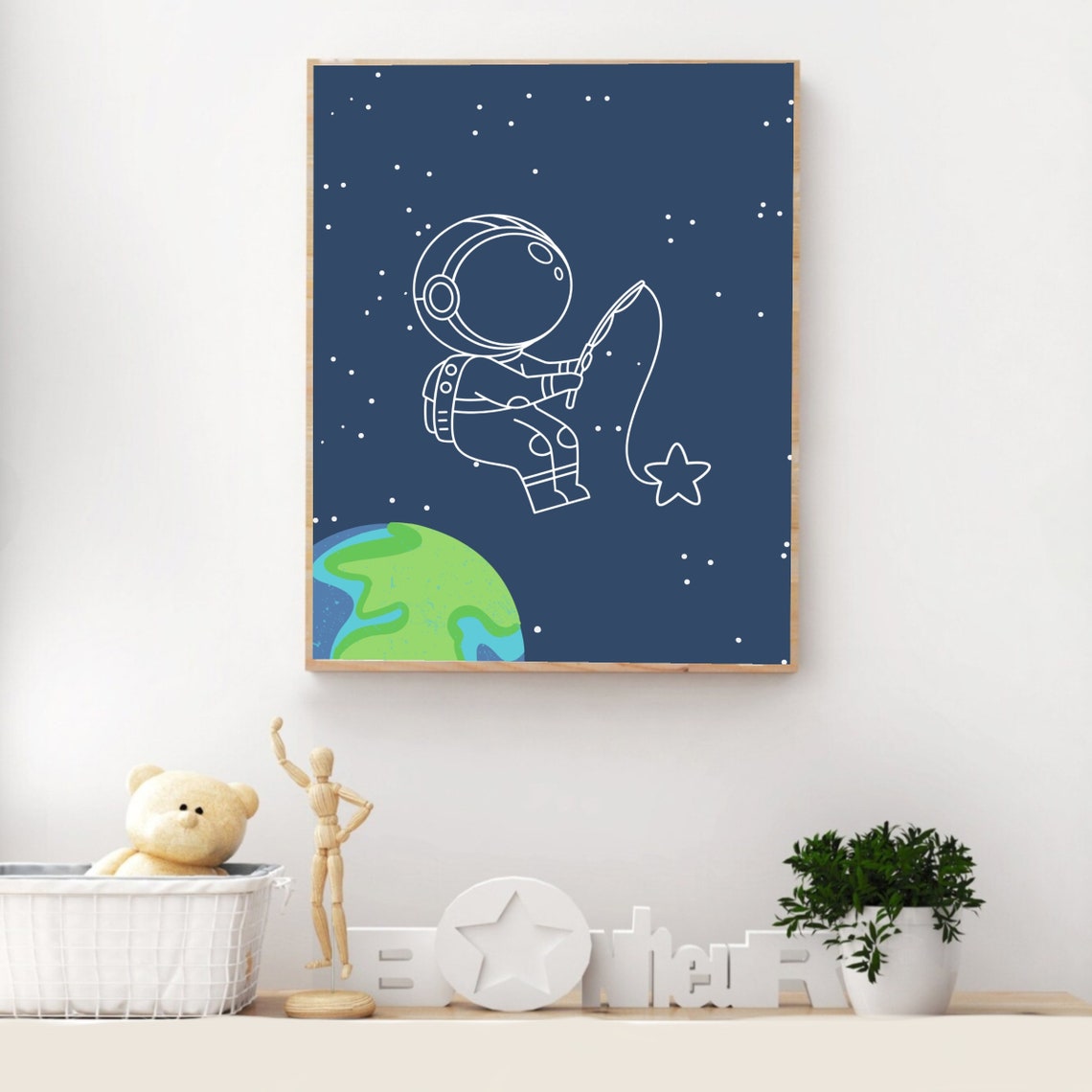 Little Astronaut Catching Star Navy Space Nursery Art Poster - Image 2