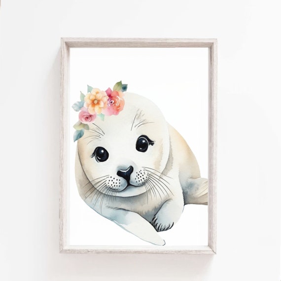Seal Pup Art White Nursery Decor Baby Animal Print Arctic Nursery Baby Seal Flower Crown Animals Baby Seal Poster Nursery Wall Art