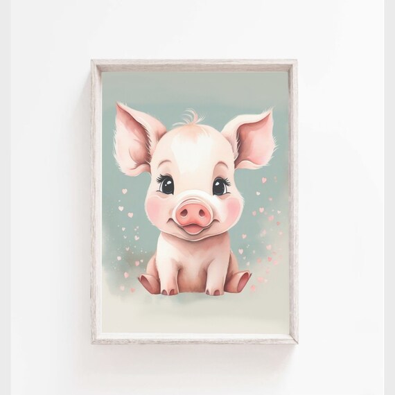 Cute Pink Piglet With Hearts Watercolor Farm Nursery Wall Poster