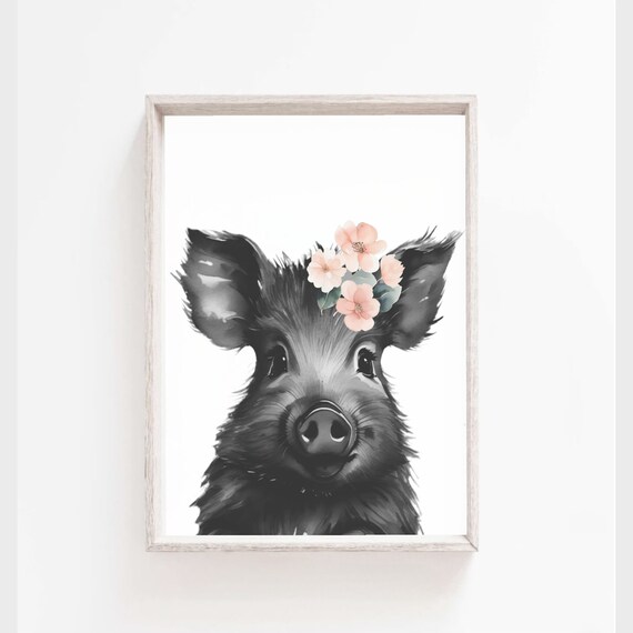 Sweet Black Baby Pig Pink Flower Crown Nursery Room Art Poster