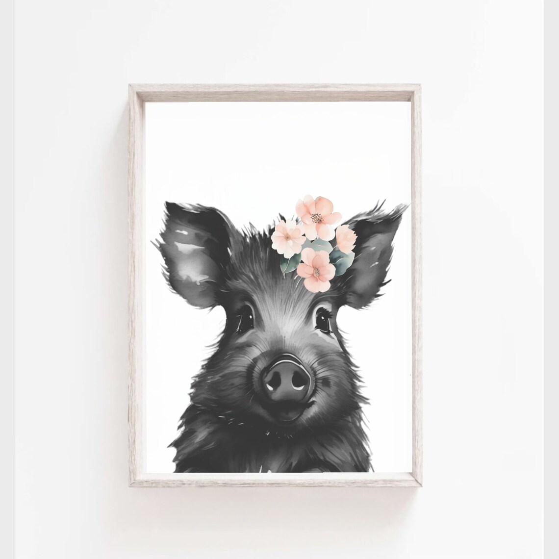 Sweet Black Baby Pig Pink Flower Crown Nursery Room Art Poster