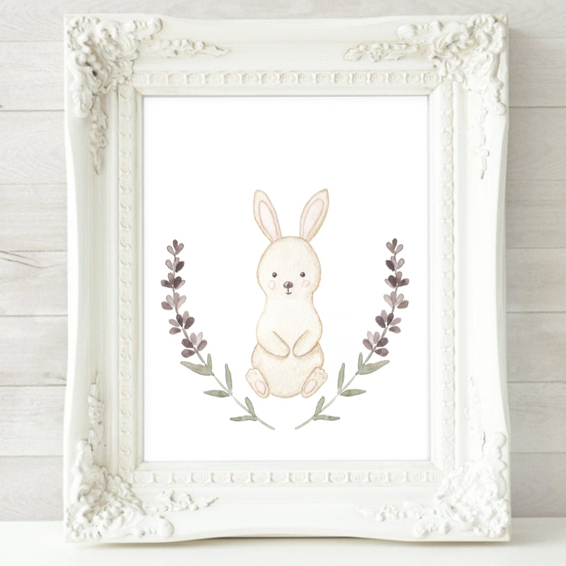 Sweet Cream Bunny Botanical Sprigs Watercolor Nursery Poster - Image 2