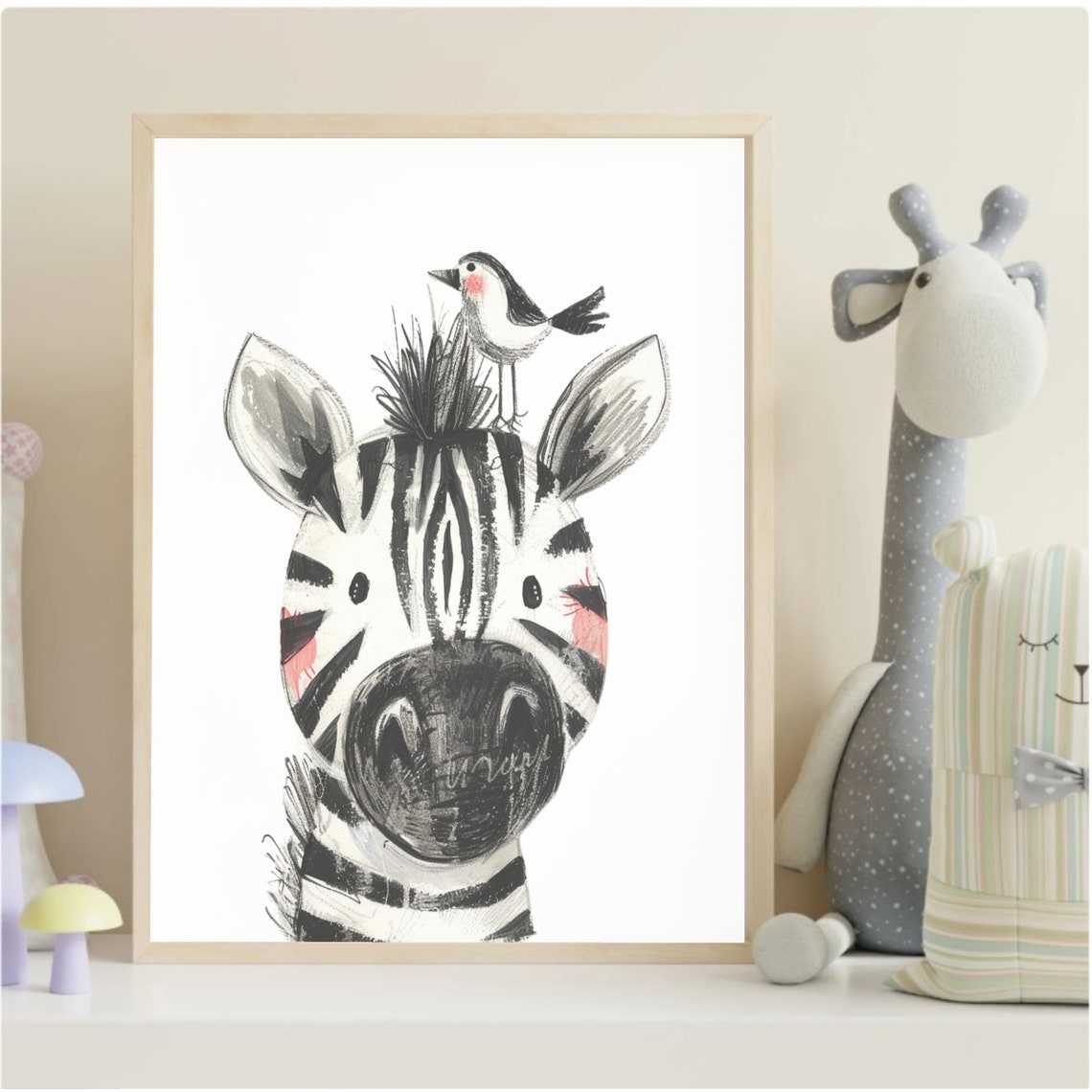 Sketchy Zebra Bird Watercolor Funny Safari Animal Kids Room Poster - Image 2