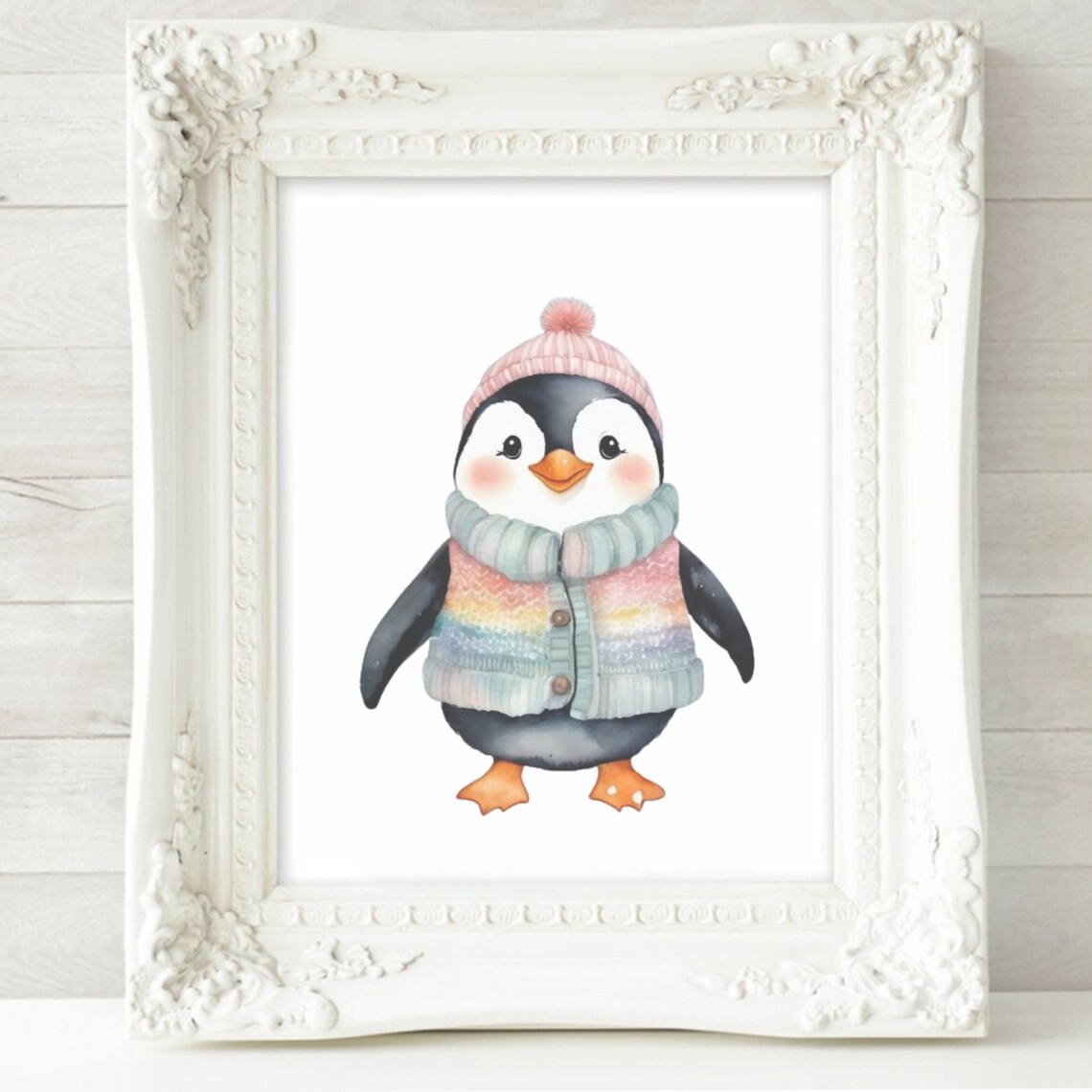Baby Penguin in Knit Hat and Sweater Vest Watercolor Winter Poster