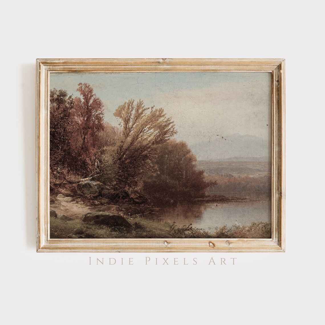 Rust Foliage Lake Shore Vintage Autumn Landscape Painting Print