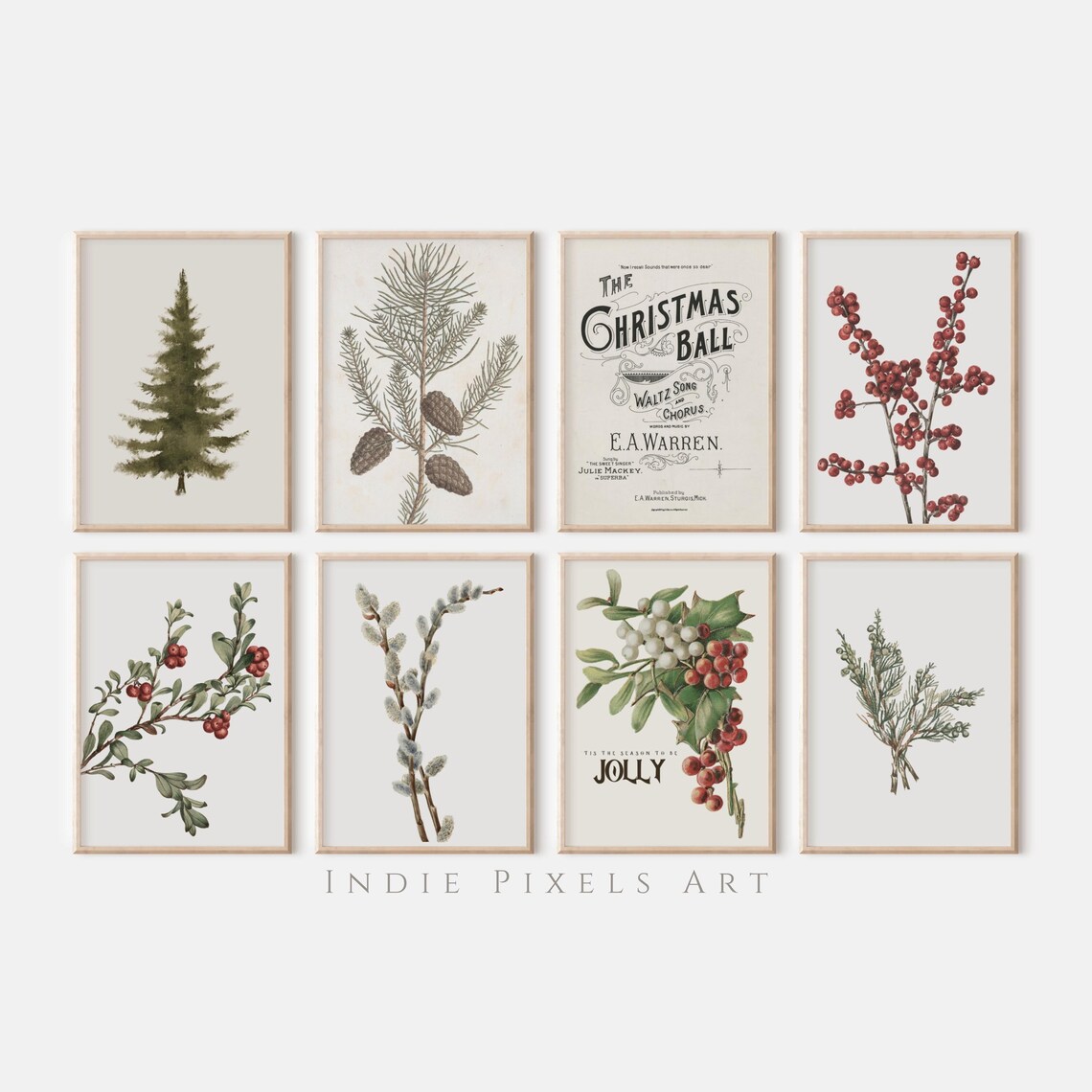 Set of 8 Vintage Winter Botanicals Christmas Gallery Wall Art Set