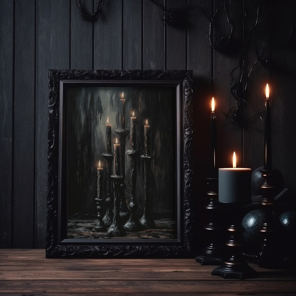 Tall Black Candlesticks Moody Gothic Candlelight Vintage Halloween Print - Image 3