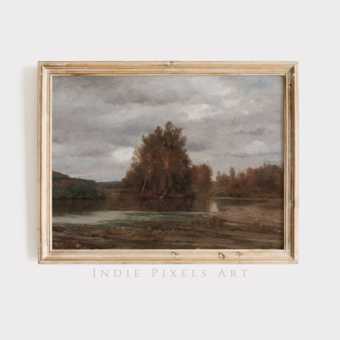 Moody Autumn Pond with Trees Cloudy Sky Vintage Painting Print