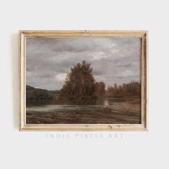 Moody Autumn Pond with Trees Cloudy Sky Vintage Painting Print