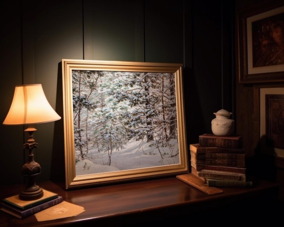 Snow Covered Pine Forest Winter Woodland Vintage Oil Painting Poster - Image 3