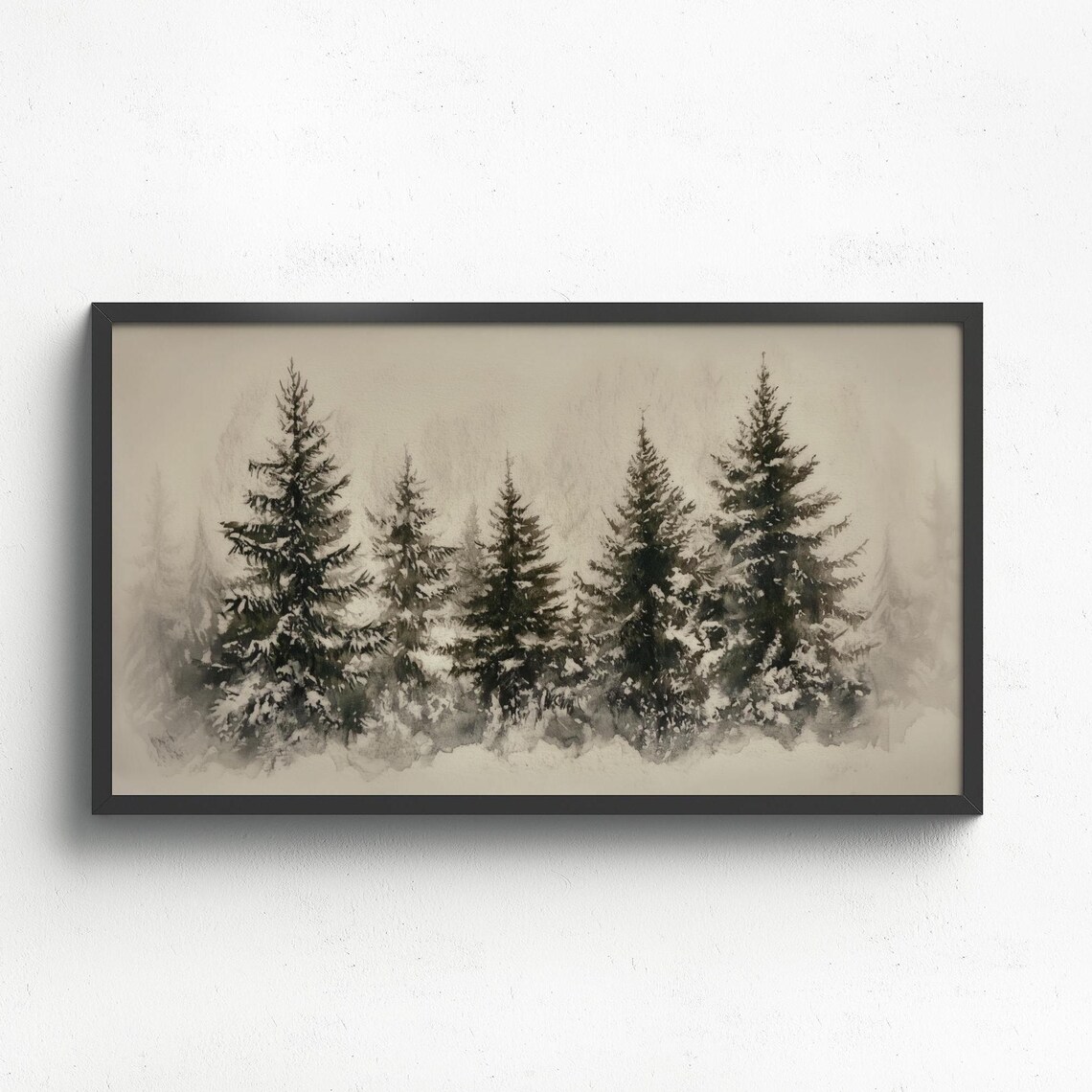Rustic Snowy Pine Forest Monochrome Christmas Frame TV Wall Art Print - Image 3