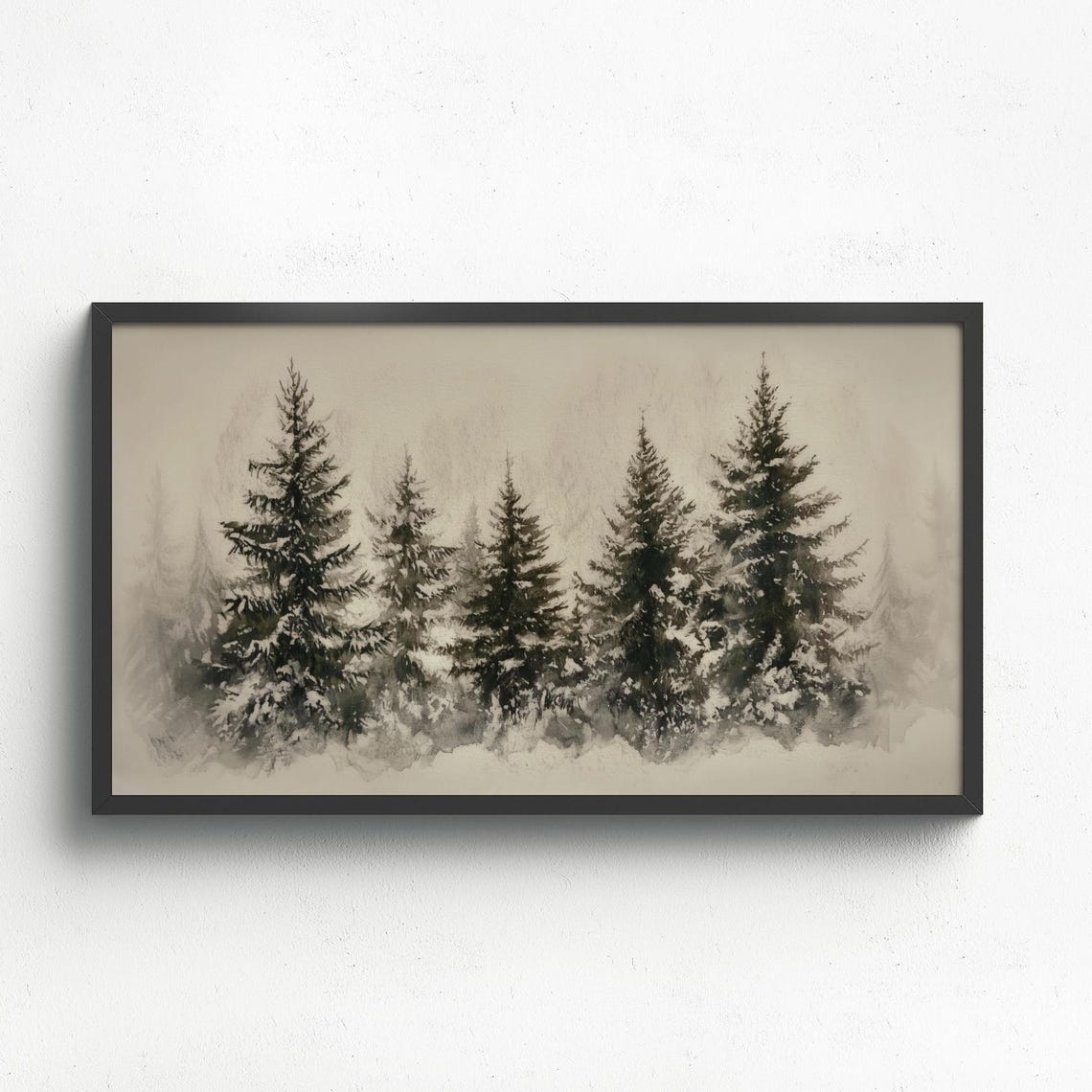 Snowy Pine Tree Line Winter Forest Watercolor Frame TV Art Print - Image 3