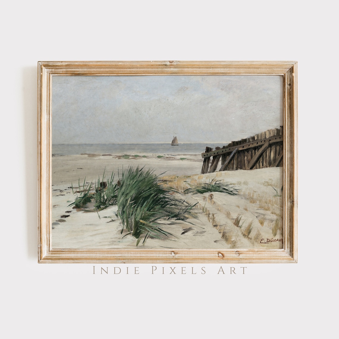 Vintage Coastal Beach Dunes Sailboat Serene Seascape Oil Poster