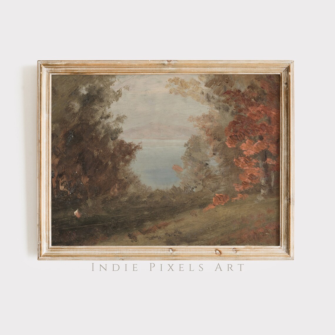 Autumn Lake Vista Red Foliage Trees Muted Vintage Landscape Poster