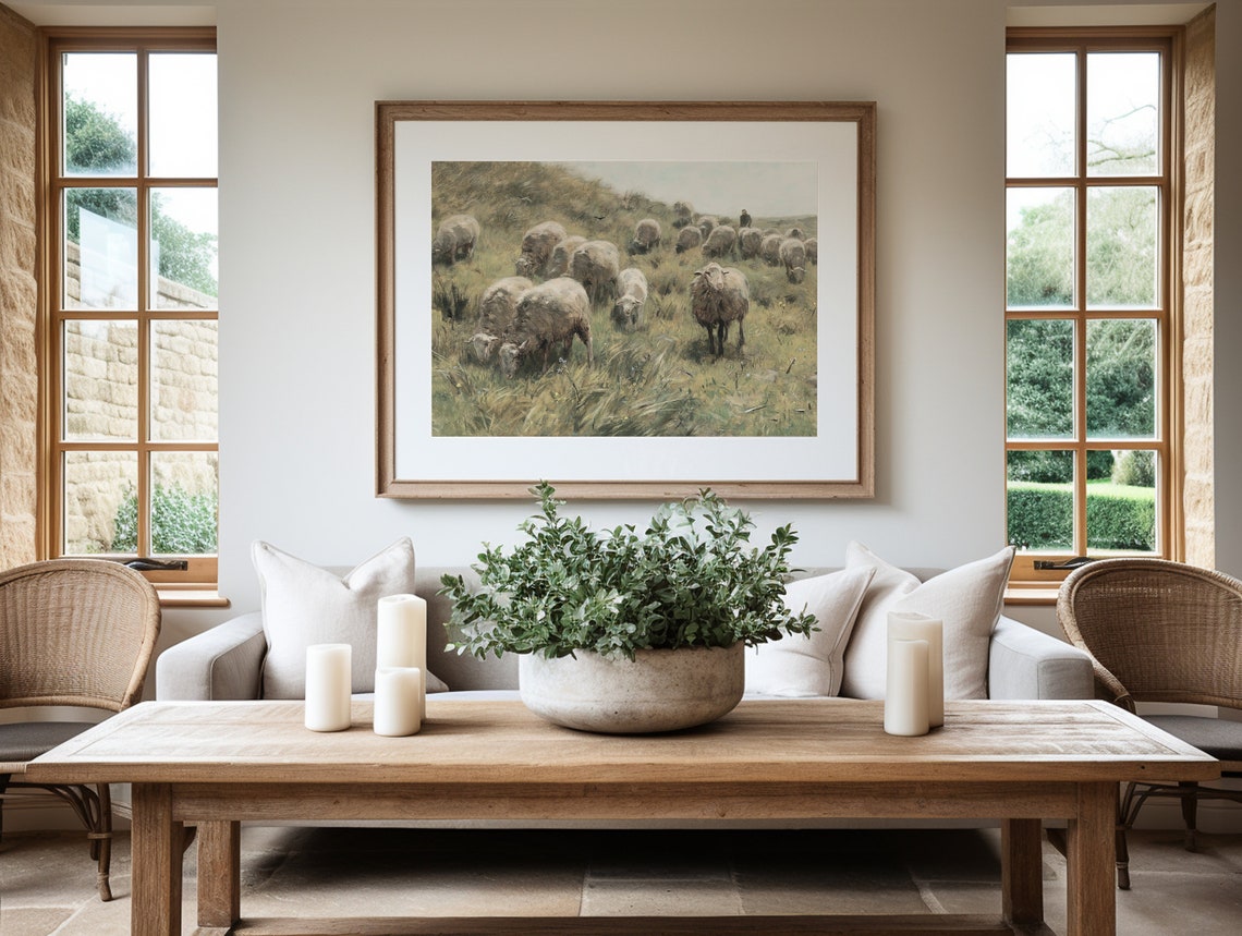 Vintage Sheep Flock on Hillside Pasture with Shepherd Painting Print - Image 4