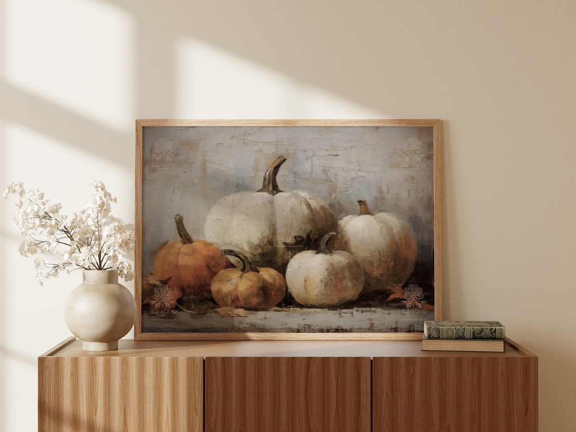White and Orange Pumpkin Cluster Rustic Autumn Still Life Wall Art - Image 3