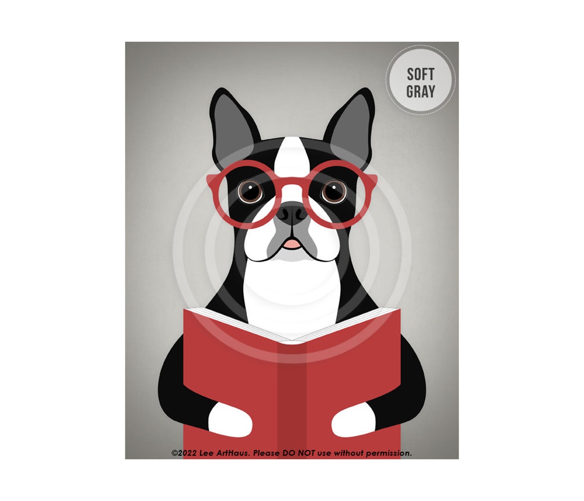 Boston Terrier Wearing Red Glasses Reading Book Smart Funny Dog Poster - Image 3