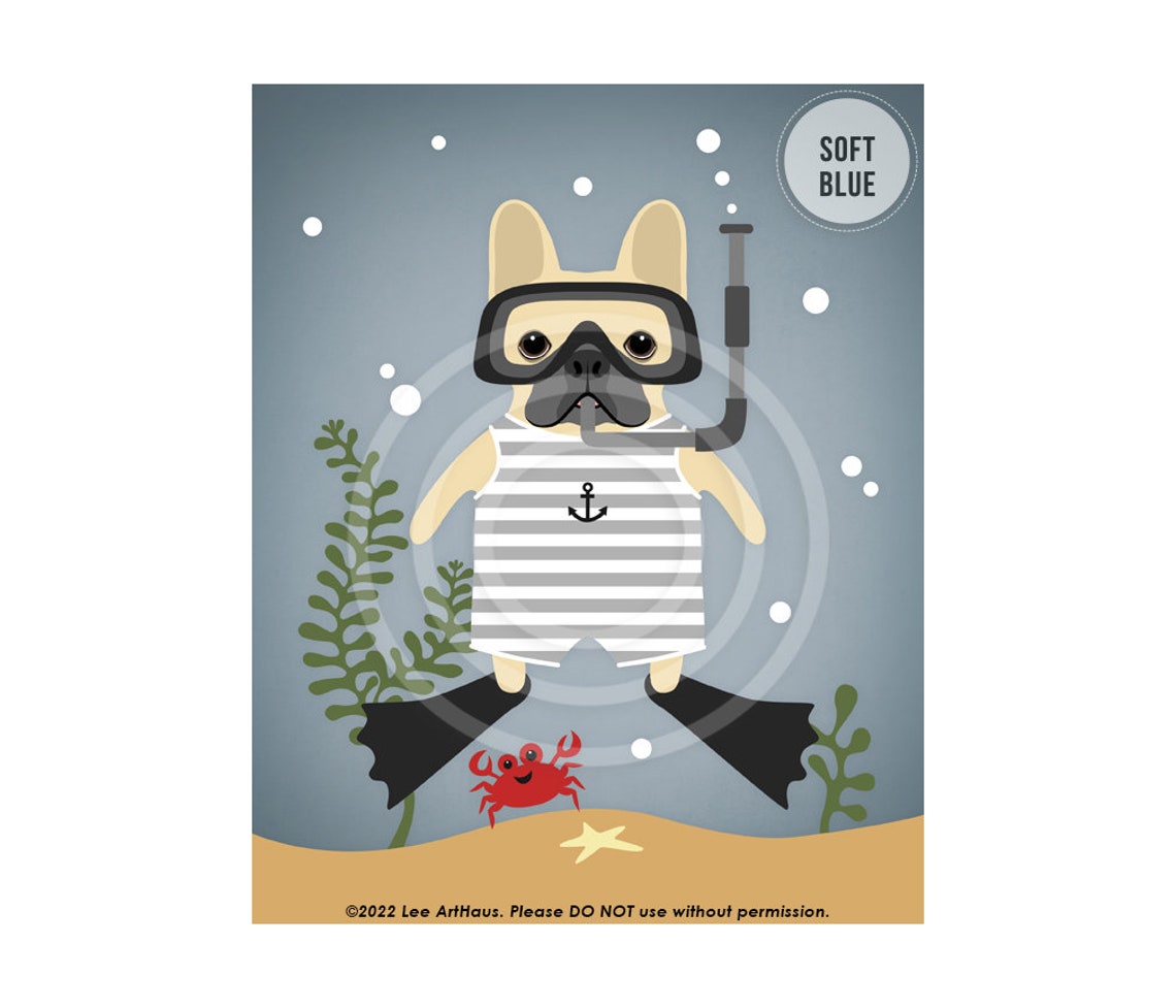 French Bulldog Snorkeling Striped Swimsuit Crab Funny Beach Poster - Image 2