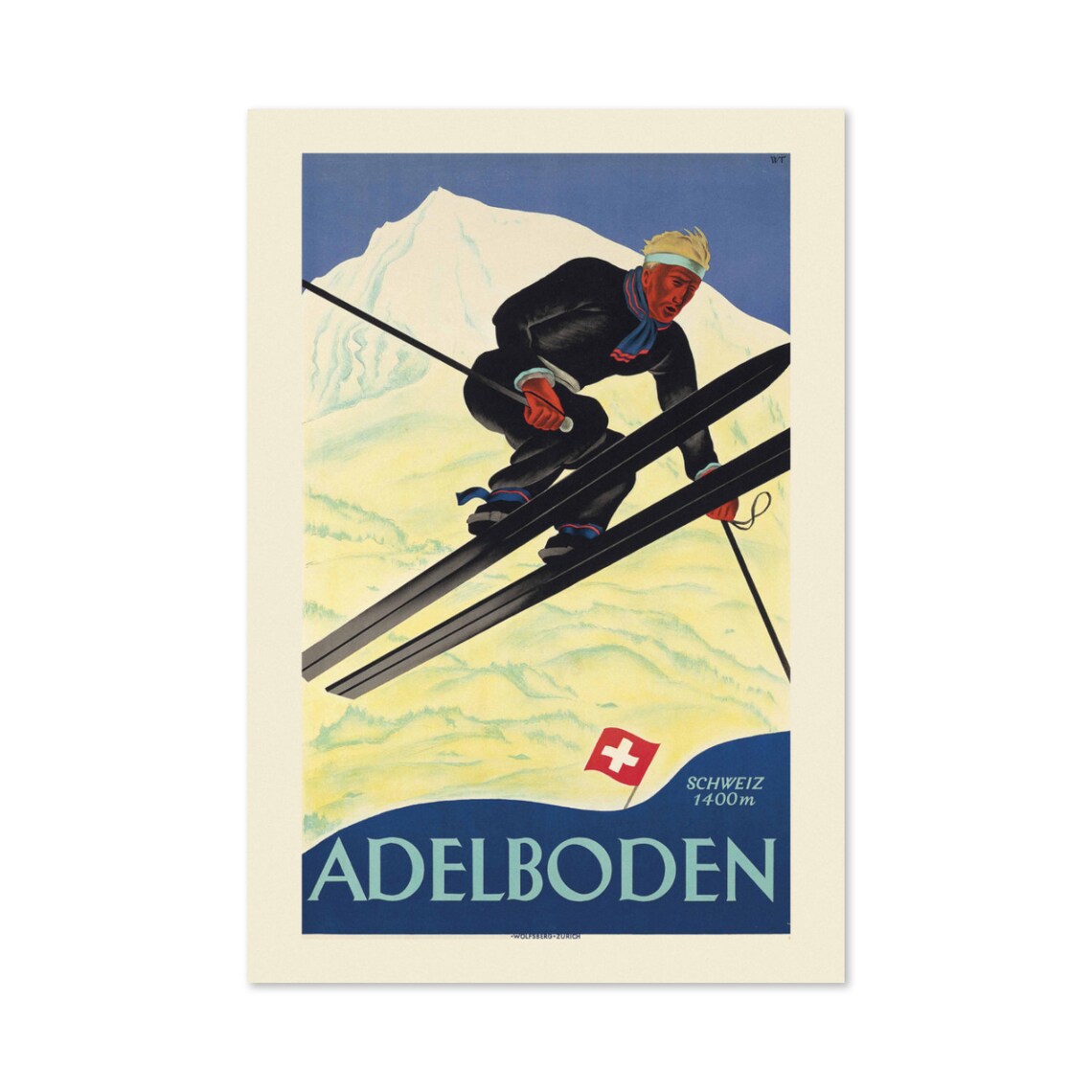 Adelboden Switzerland 1400m Ski Jumper Vintage Travel Poster