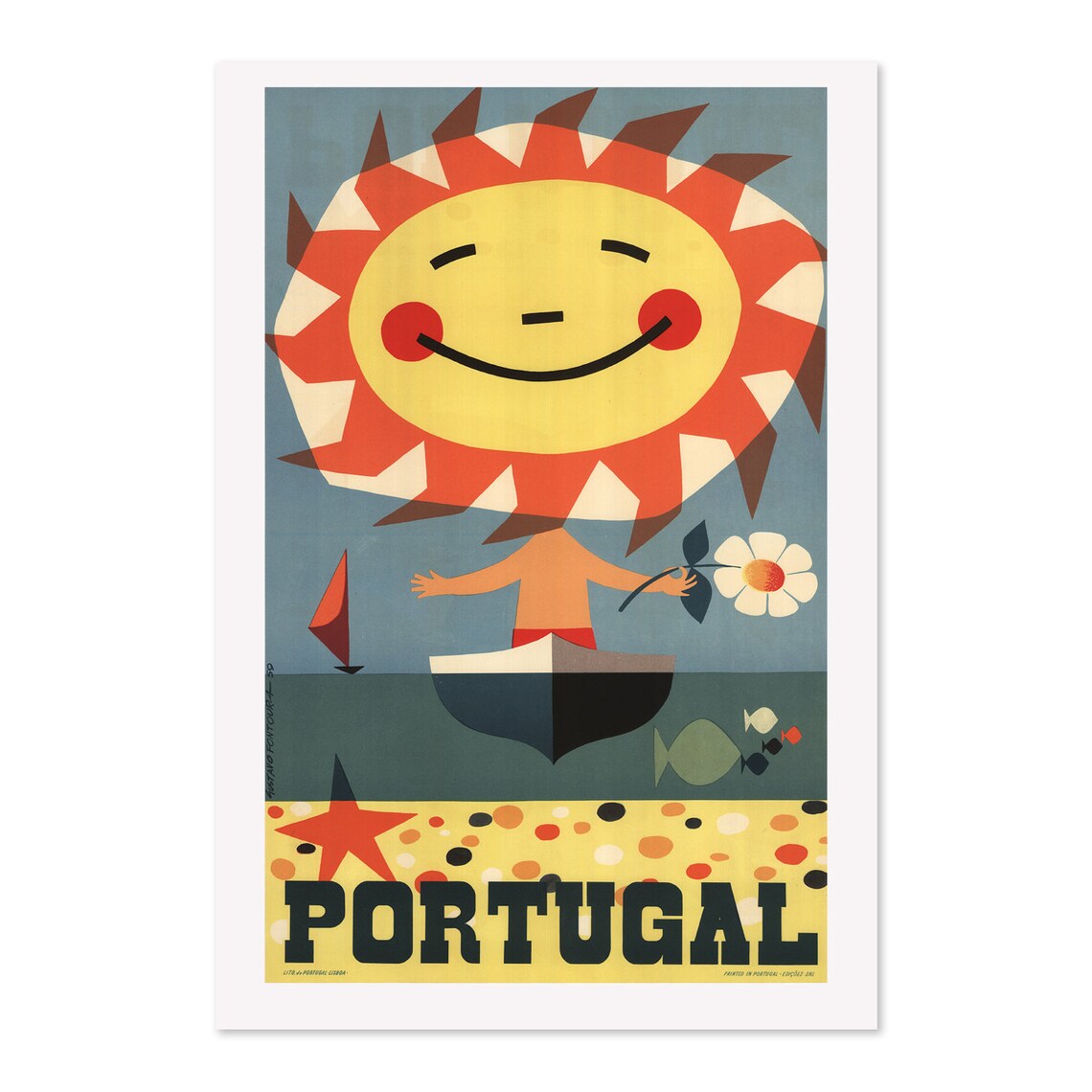 Portugal Smiling Sun Sailboat Mid Century Beach Travel Poster