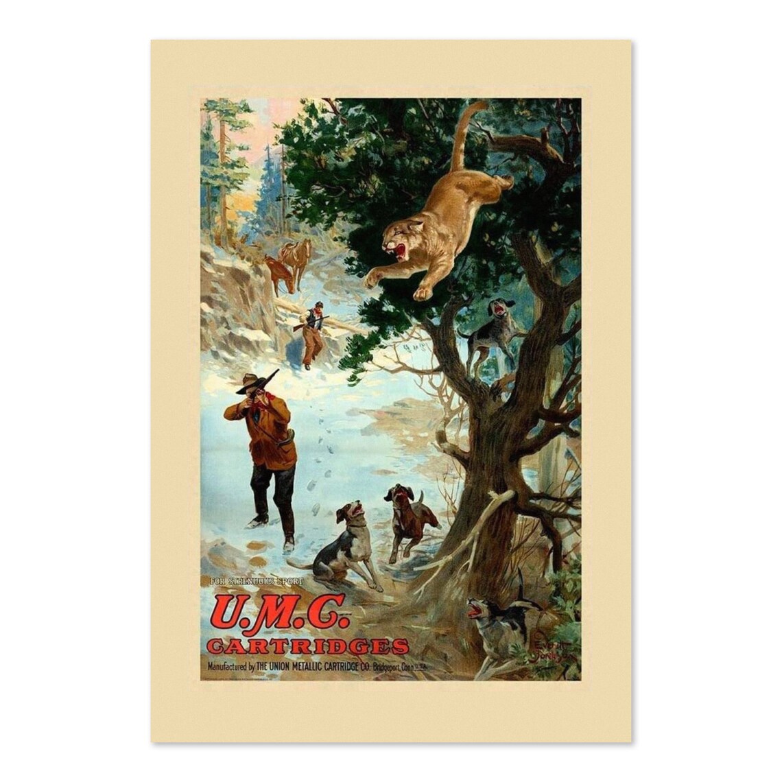 UMC Cartridges Cougar Hunters Hounds Vintage American Hunting Poster