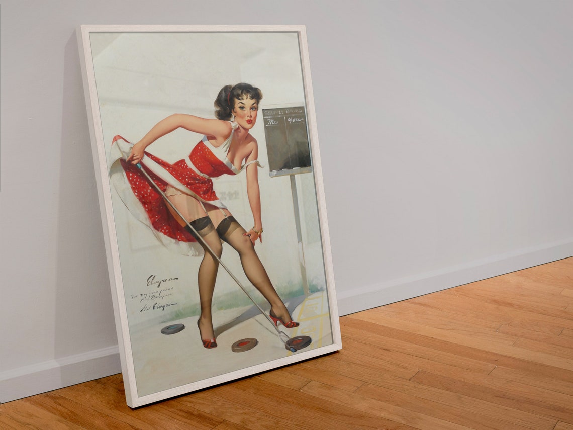 Vintage Elvgren Shuffleboard Pin Up Girl Red Dress Art Poster - Image 4