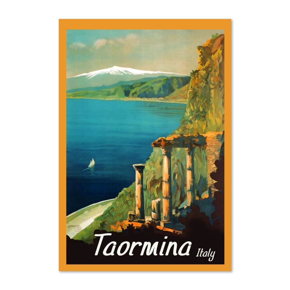 Taormina Italy Vintage Travel Poster Greek Theater Etna Bay View
