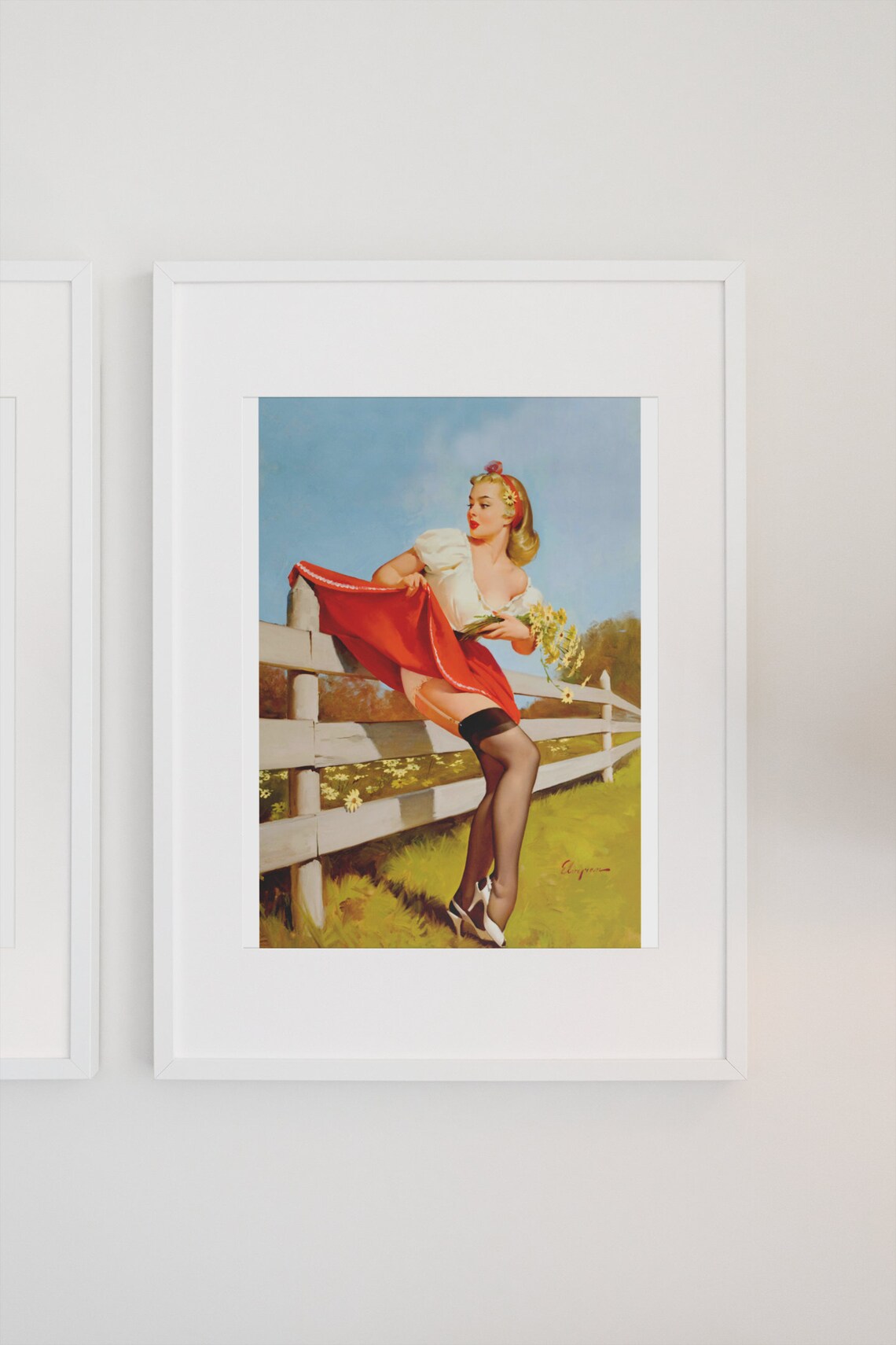 Gil Elvgren On the Fence Vintage Daisy Field Pin Up Girl Poster - Image 3
