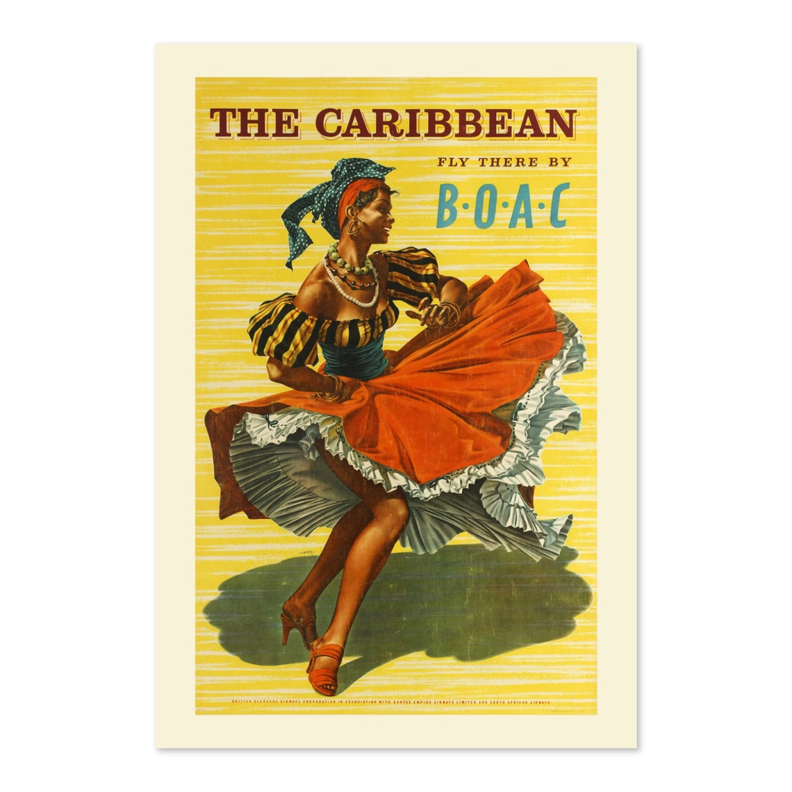 Fly BOAC to the Caribbean Dancer Vintage Airline Travel Poster