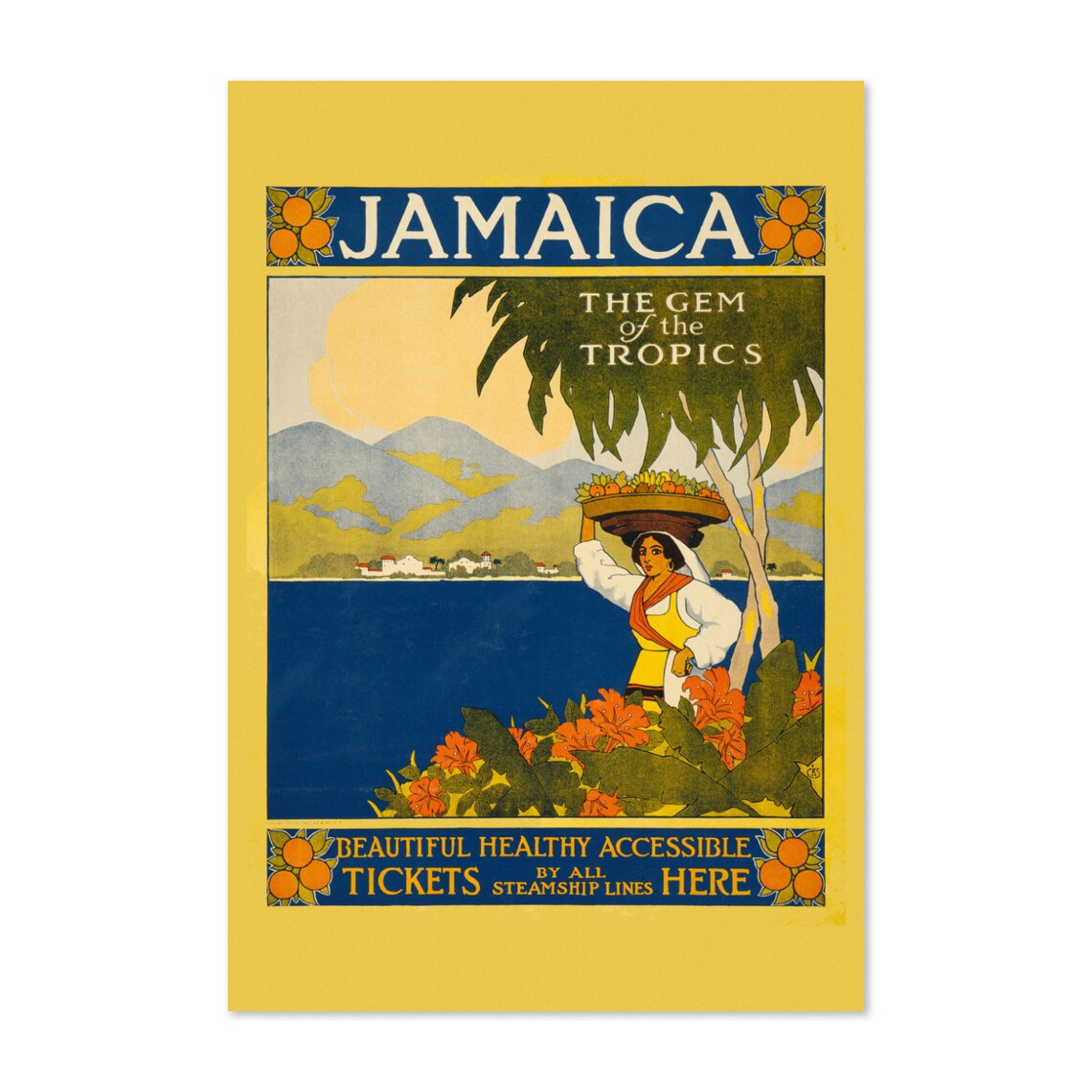 Jamaica The Gem of the Tropics Caribbean Vintage Travel Poster