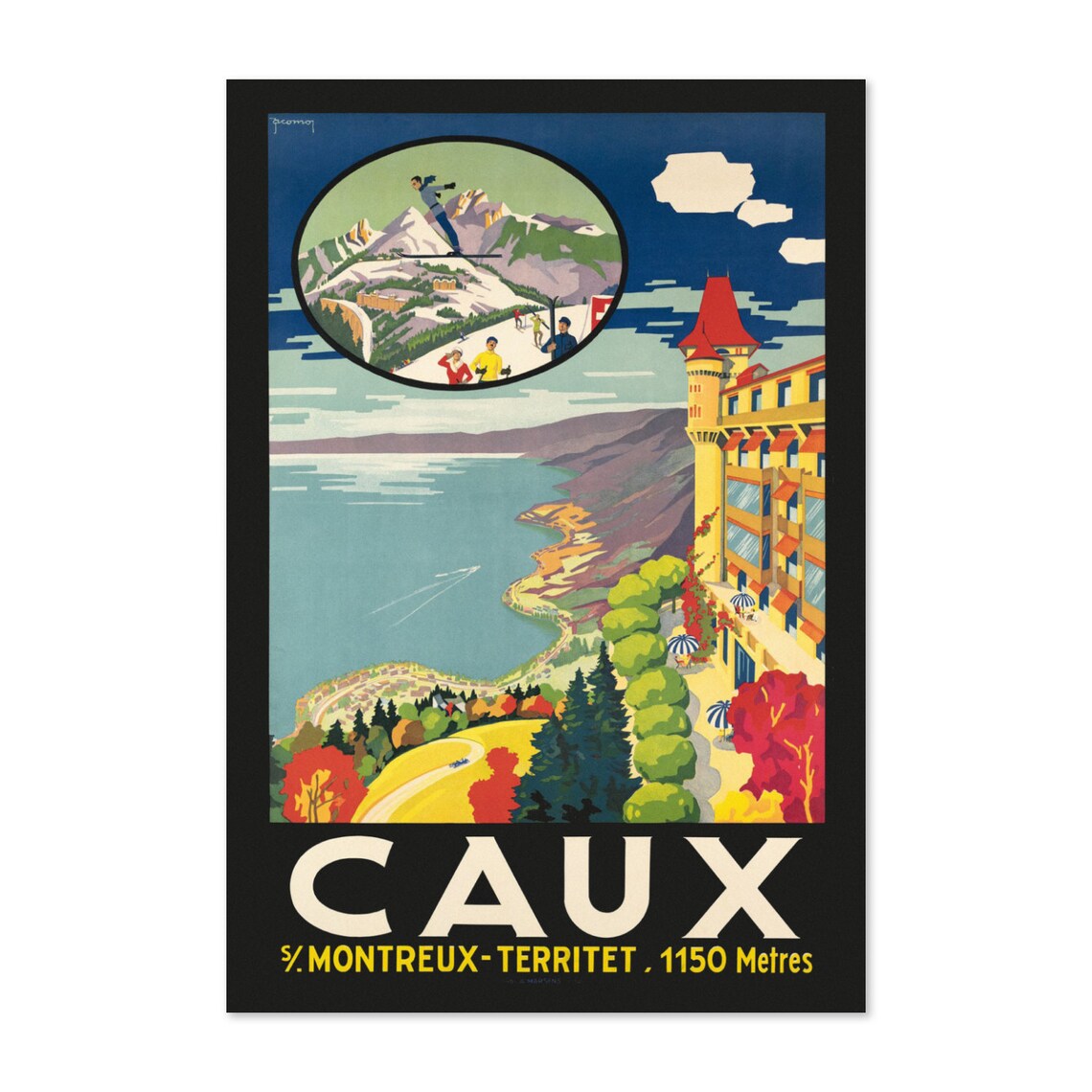 Caux Montreux Territet 1150 Metres Vintage Swiss Travel Poster