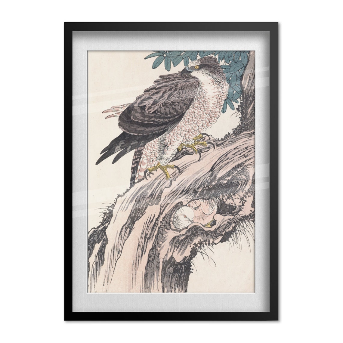 Japanese Woodblock Hawk Perched on Pine Tree Vintage Bird Poster - Image 4