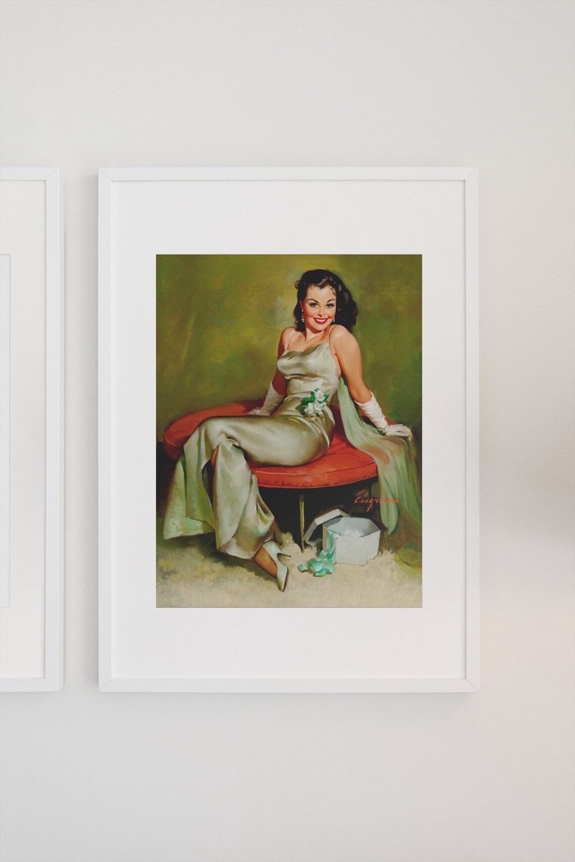 Elvgren Captivating Pin Up Girl Silver Gown Gift Box Vintage Art Poster - Image 3