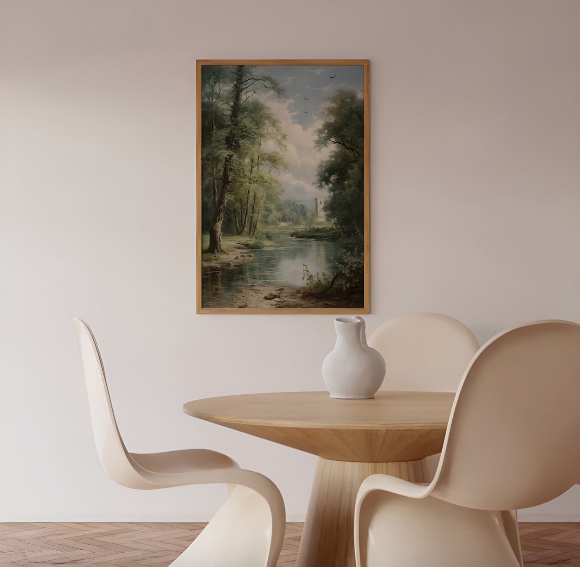 River Through Forest with Distant Church Vintage Landscape Poster - Image 3