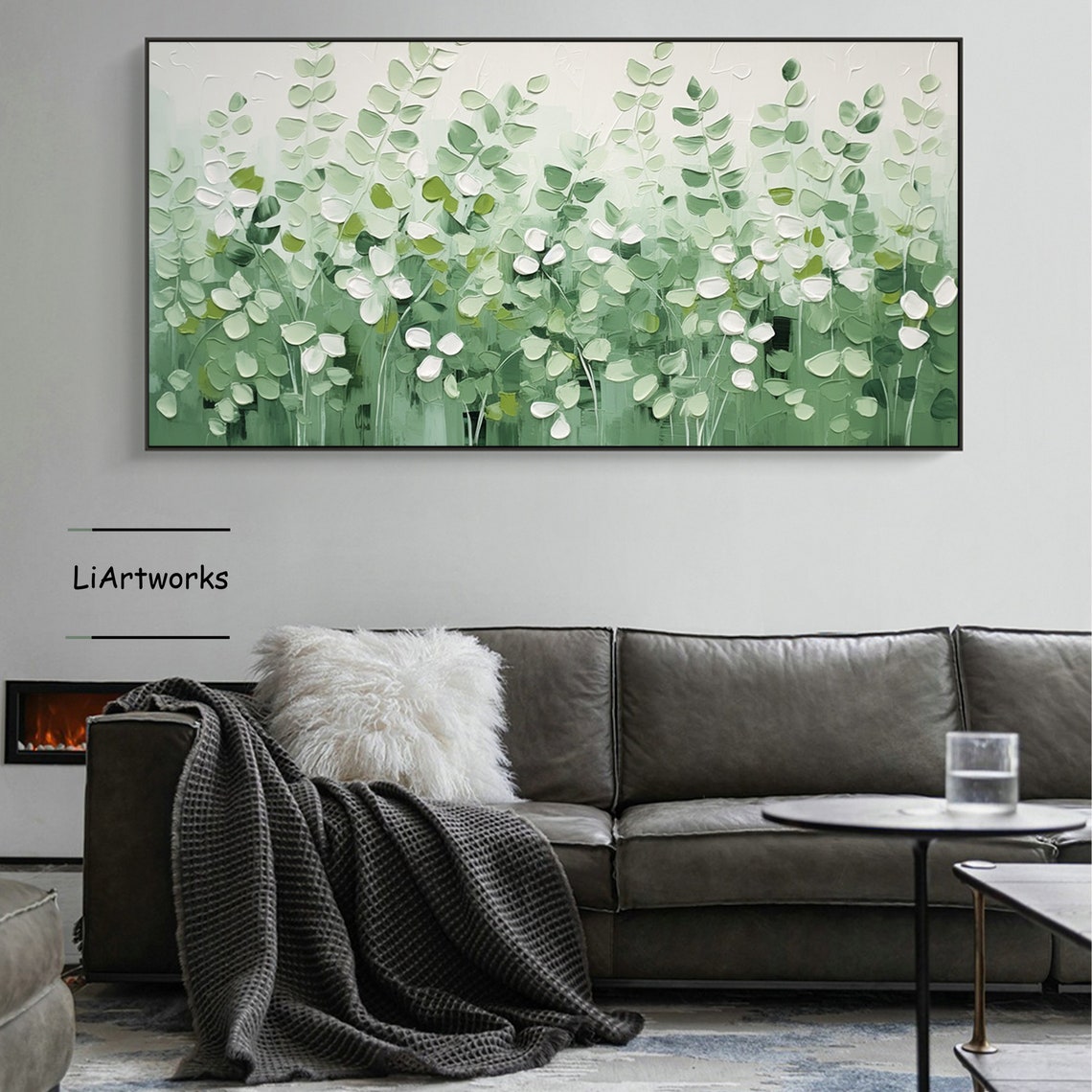 Green And White Leaf Meadow Textured Botanical Wide Art Poster - Image 4