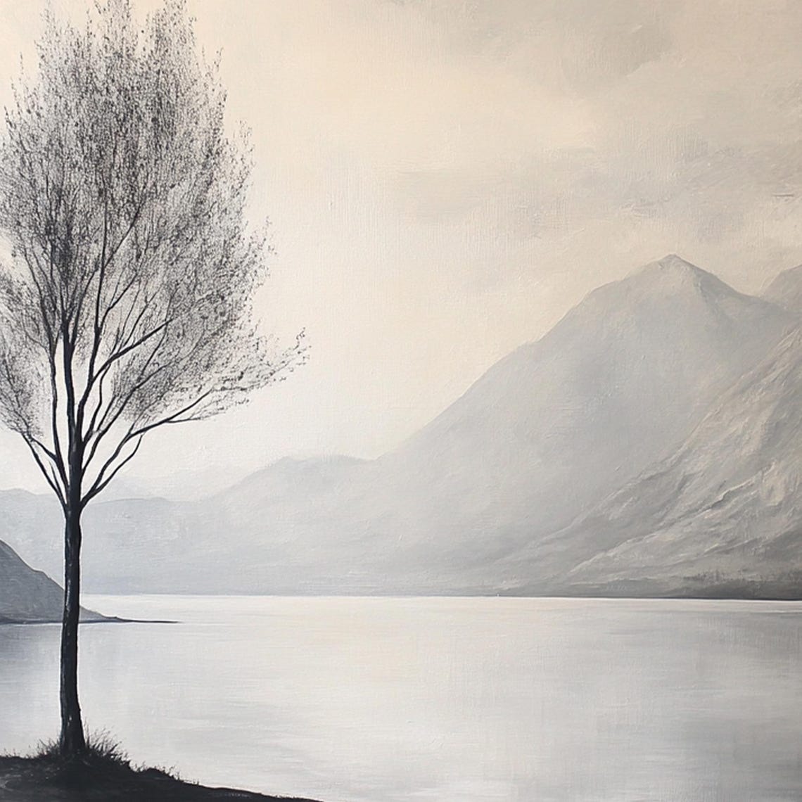 Gray Tone Lone Tree by a Still Lake With Misty Mountains Beyond Poster - Image 2