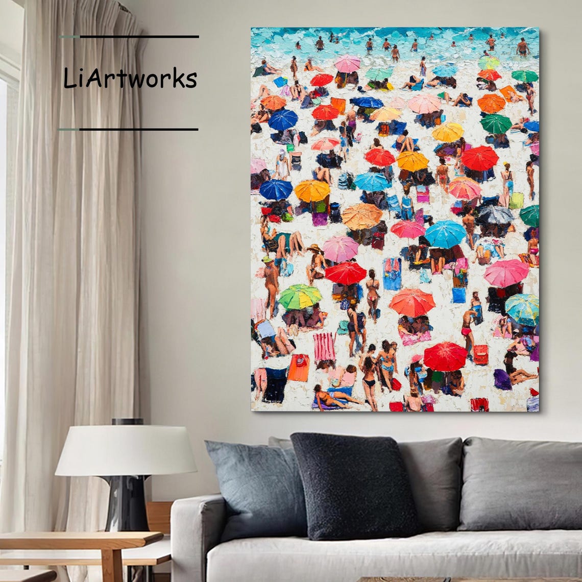 Crowded Summer Beach Turquoise Sea Colorful Umbrellas Art Poster - Image 3