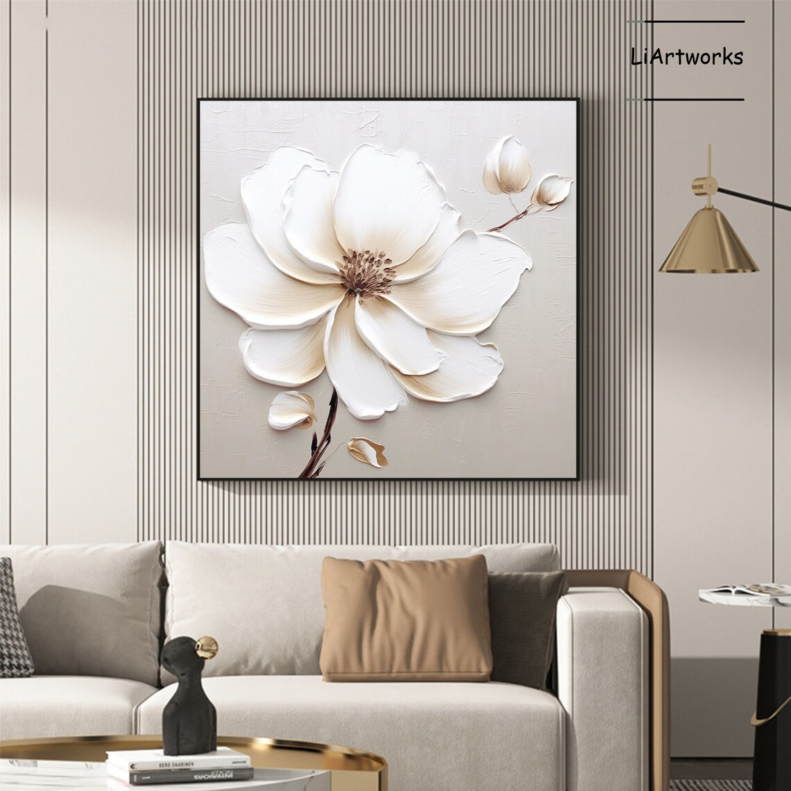 Large Flower Texture Oil Painting On White 3d Palette Knife Painting White Beige Flower Art Flower Acrylic Painting Floral Wall Decor - Image 4